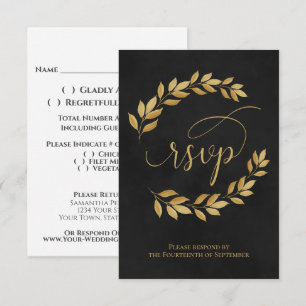 Golden Laurel Blätter auf Black Elegant Wedding RSVP Karte