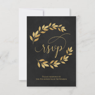Golden Laurel Blätter auf Black Elegant Wedding RSVP Karte
