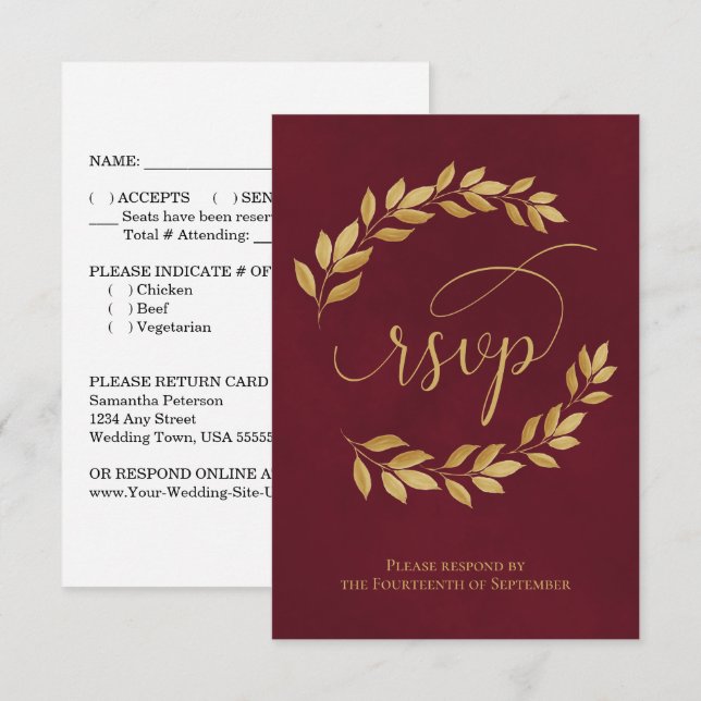 Golden Laurel Leaves on Burgundy Elegant Wedding RSVP Karte (Vorne/Hinten)