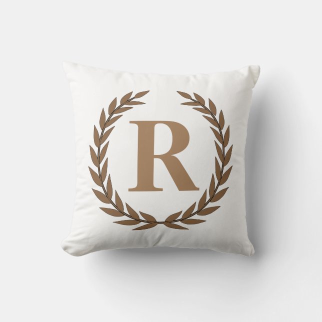 Golden Laurel Wreath Personalisiert Initial White Kissen (Vorderseite)