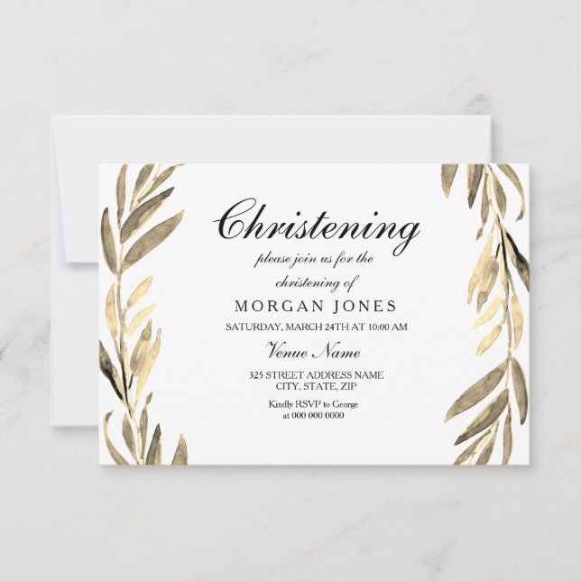 Golden Leaf Boy oder Girl Christening Einladung (Vorderseite)