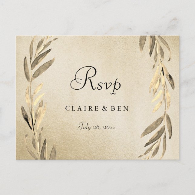 Golden Leaf Gold Foil Wedding RSVP Postcard Einladungspostkarte (Vorderseite)
