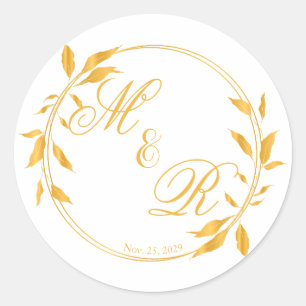 Golden Leafy Wreath Mit Monogramm Gastgeschenk Hoc Runder Aufkleber