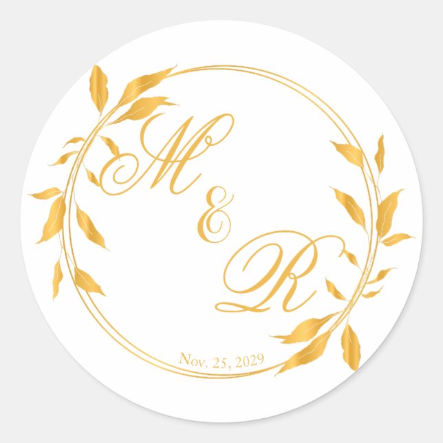 Golden Leafy Wreath Mit Monogramm Gastgeschenk Hoc Runder Aufkleber (Vorderseite)