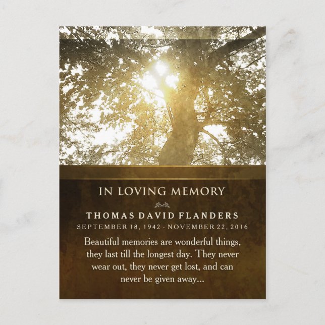 Golden Light Tree in Memory Beileid Vielen Dank Postkarte (Vorderseite)
