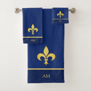 Golden Lilie & Monogram auf Navy Blue Badhandtuch Set