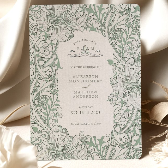 Golden Lily Sage Green Morris Save the Date Einladung (Von Creator hochgeladen)