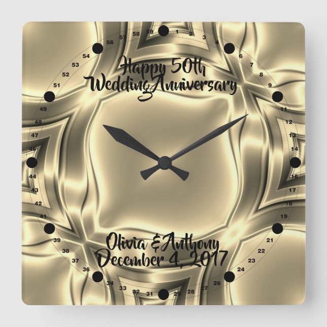 Golden Lines 50. Hochzeitstag Quadratische Wanduhr (Vorderseite)