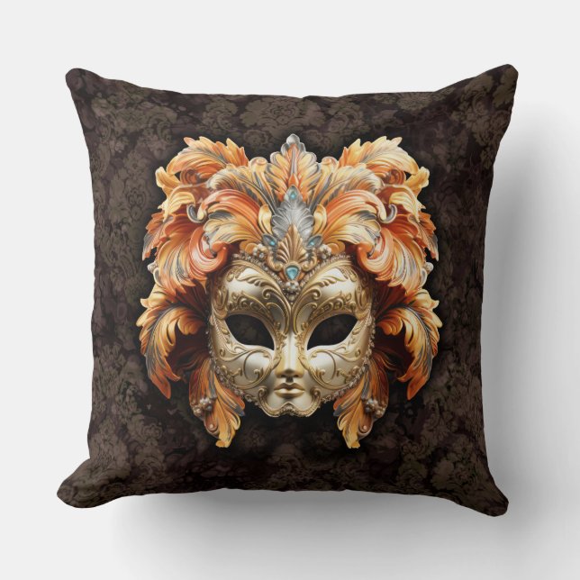 Golden Lion Mask with a Orange Feathers  Kissen (Vorderseite)