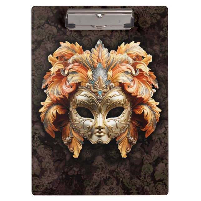 Golden Lion Mask with a Orange Feathers  Klemmbrett (Vorderseite)