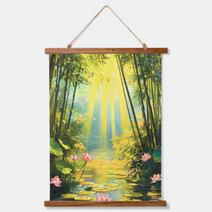 Golden Lotus Bamboo Wald Wandteppich Mit Holzrahmen