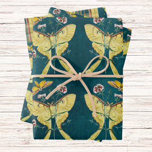 Golden Luna Moth mit Blume auf Aquamarin mit Karie Geschenkpapier Set