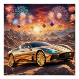 golden luxury car in a desert landscape poster