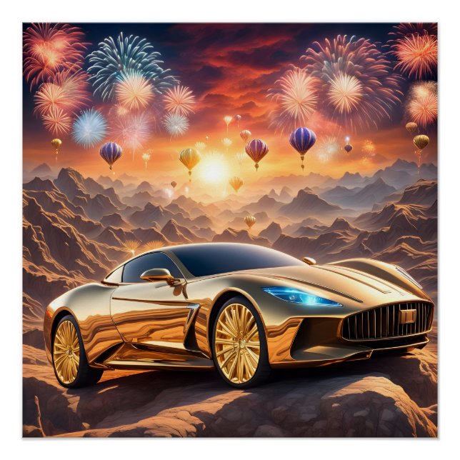 golden luxury car in a desert landscape poster (Vorderseite)