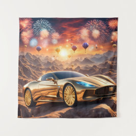 golden luxury car in a desert landscape wandteppich