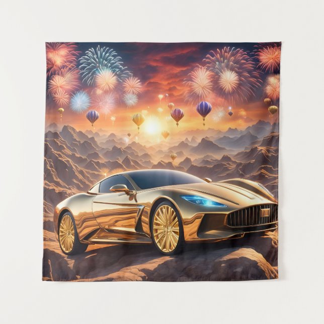 golden luxury car in a desert landscape wandteppich (Vorderseite)