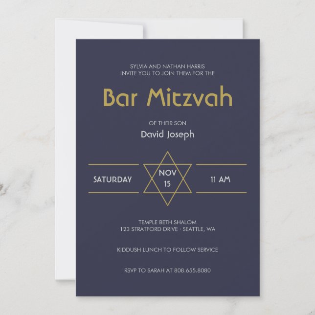 Golden Magen Marine Blue David Bar Mitzvah Einladung (Vorderseite)