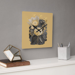 Golden Magical Floral Bouquet in Silver Frame Quadratische Wanduhr
