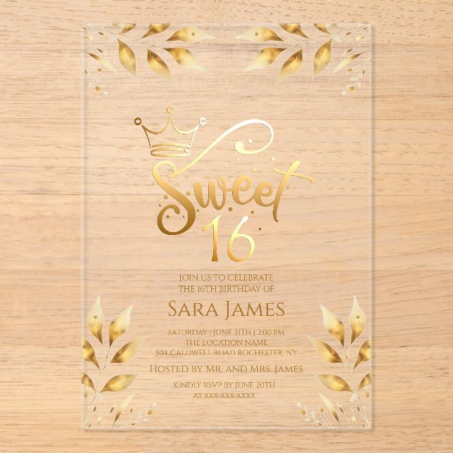 Golden Majesty Sweet 16 Acrylic Invitation Acryleinladungen (Vorderseite)