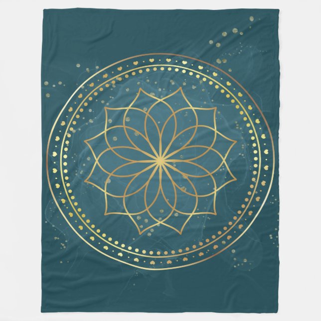 Golden Mandala auf Aquamarin Fleecedecke (Vorderseite)