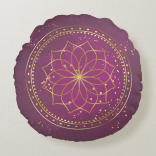 Golden Mandala auf Plum Elegante Sacred Geometry Rundes Kissen