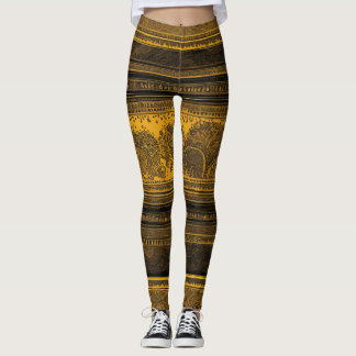 Golden mandala tribal fusion black & gold AI art  Leggings