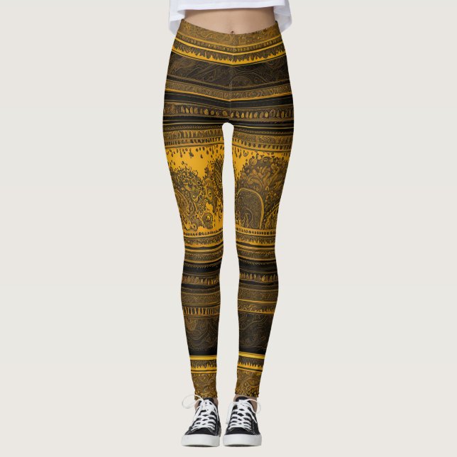 Golden mandala tribal fusion black & gold AI art  Leggings (Vorderseite)