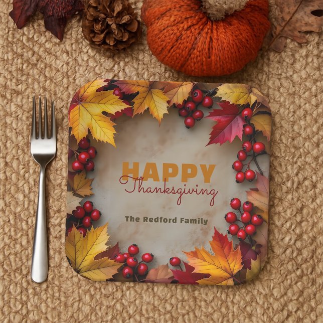 Golden Maple Blätter und Red Berries Erntedank Pappteller (Von Creator hochgeladen)