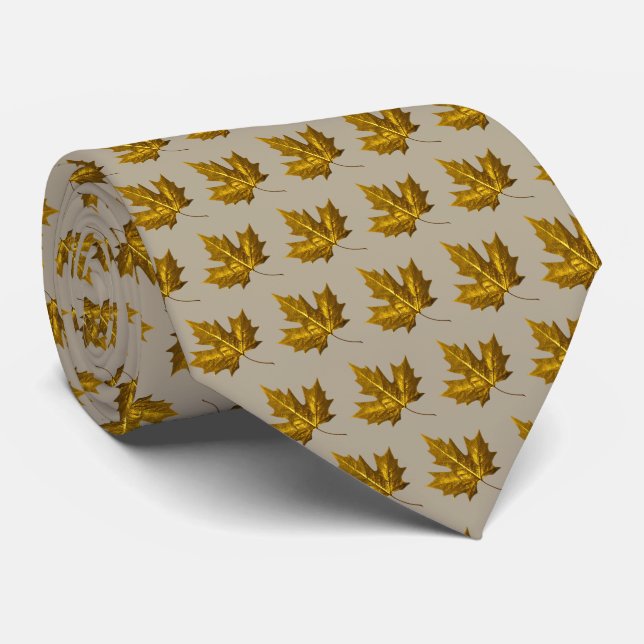 Golden Maple Leaf Necktie Taupe Gold Krawatte (Gerollt)