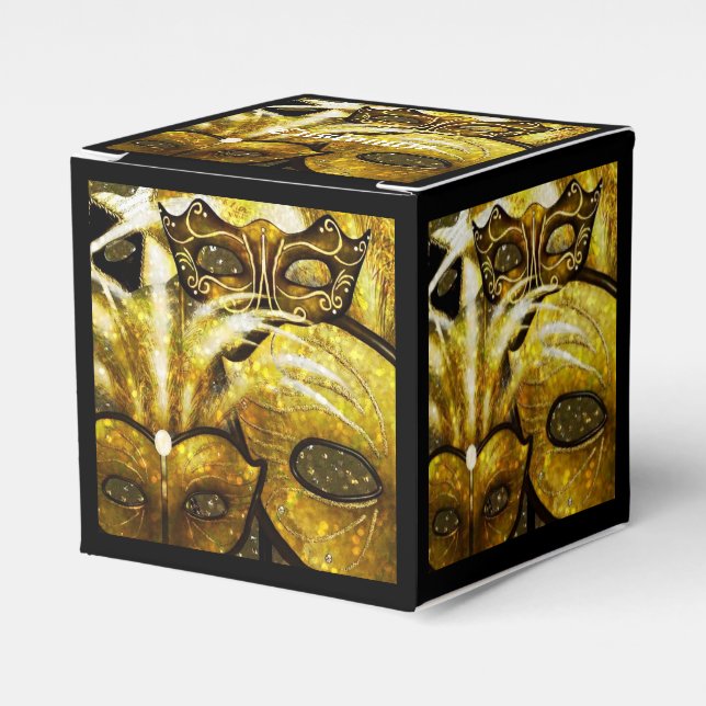 Golden Mardi Gras Masken Cube Favor Box Geschenkschachtel (Vorderseite)