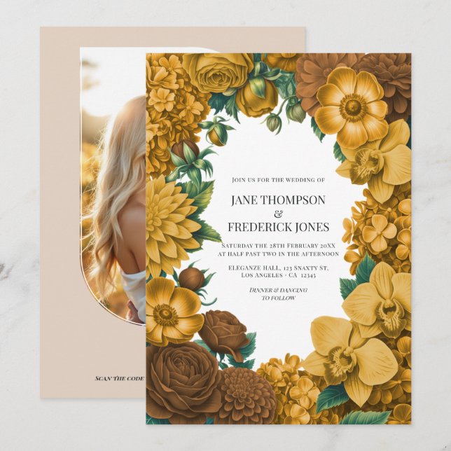 Golden Marigold, Terra Honey & Umber Spice Wedding Einladung (Vorne/Hinten)