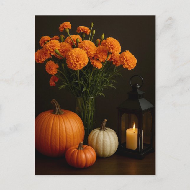 Golden Marigolds Pumpkin Glow Candlelight Postkart Postkarte (Vorderseite)