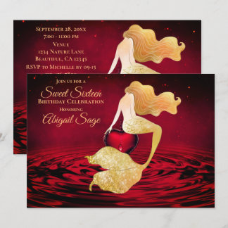 Golden Mermaid mit Red Heart Sweet 16 Geburtstag Einladung