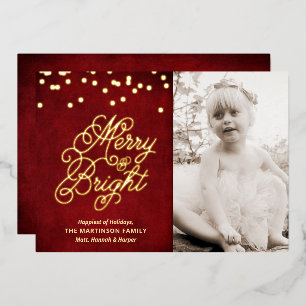 Golden Merry & Bright auf dem Roten Foto Folien Feiertagskarte