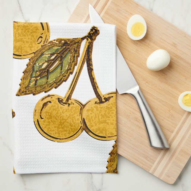 Golden Metallic Cherries Pattern Geschirrtuch (Viertel Falte)