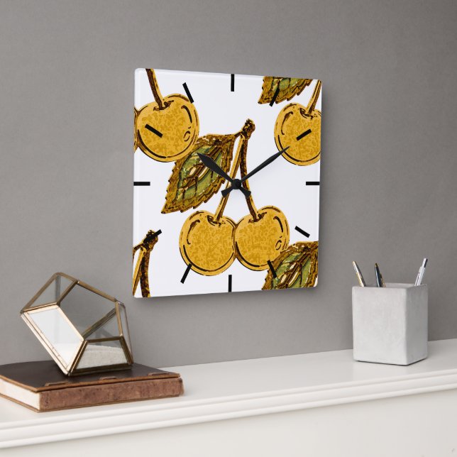 Golden Metallic Cherries Pattern Quadratische Wanduhr (Büro)