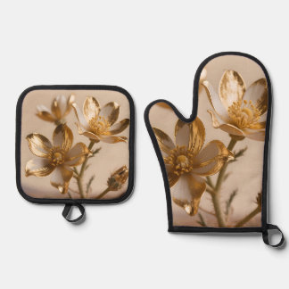 Golden Metallic Flowers Luxe Botanical Elegance Ofenhandschuh & Topflappen-Set