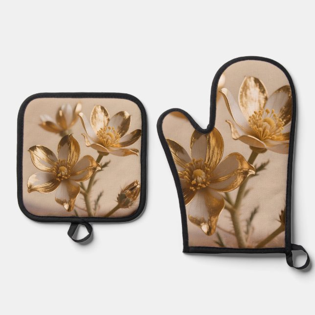 Golden Metallic Flowers Luxe Botanical Elegance Ofenhandschuh & Topflappen-Set (Vorderseite)