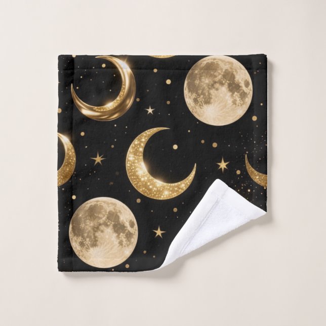 Golden Metallic Moons Pattern, Luxe Celestial Badhandtuch Set (Waschlappen)
