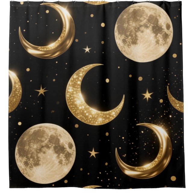 Golden Metallic Moons Pattern, Luxe Celestial Duschvorhang (Vorderseite)