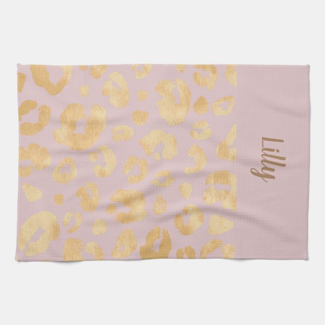 Golden Metallic Pink Cheetah Print Geschirrtuch (Horizontal)