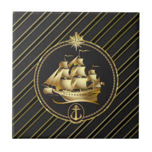Golden Metallic Segelschiff & Anchor Gold Streifen Fliese