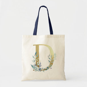 Golden Monogram Letter D Blue Watercolor-Blume Tragetasche