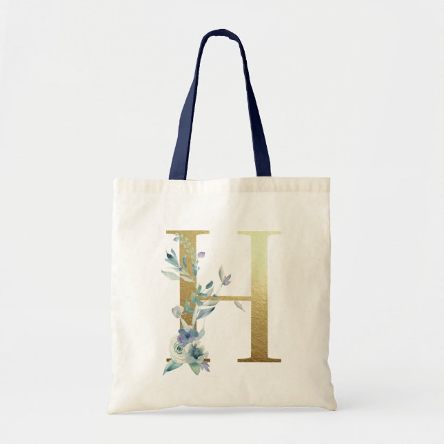 Golden Monogram Letter H Blue Watercolor Blume Tragetasche (Vorne)