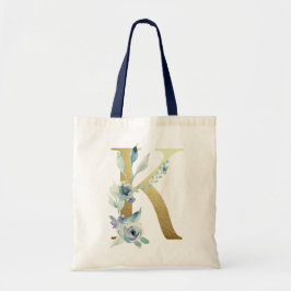 Golden Monogram Letter KBlue Aquarellfarben-Blume Tragetasche