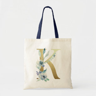 Golden Monogram Letter KBlue Aquarellfarben-Blume Tragetasche