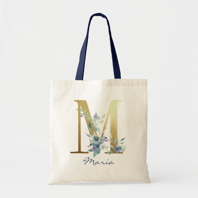 Golden Monogram Letter M Blauer Name Blumendekor Tragetasche (Vorne)