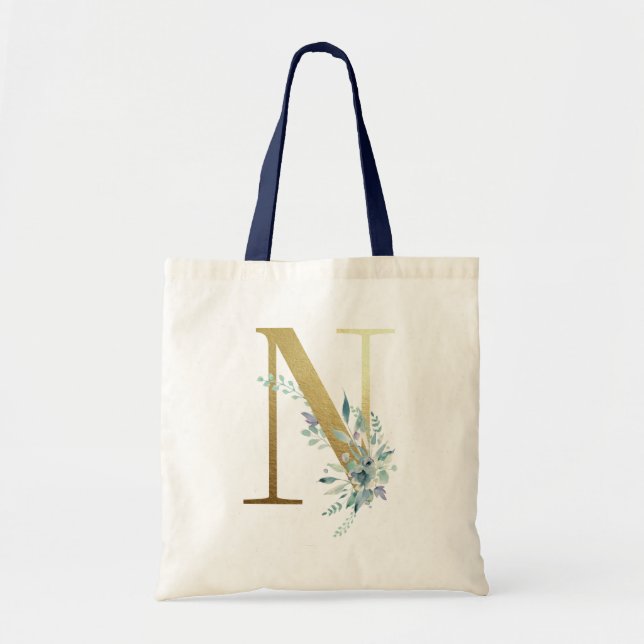Golden Monogram Letter N Blauer Name Blumendekor Tragetasche (Vorne)