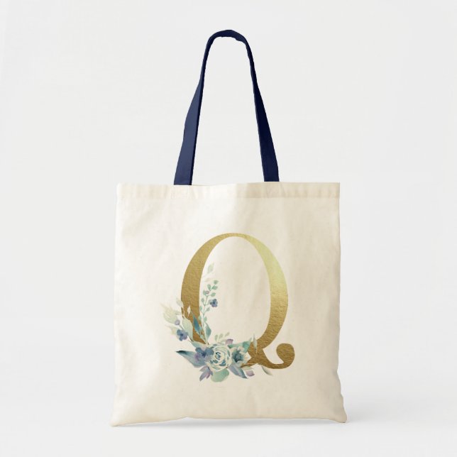 Golden Monogram Letter Q Blue Watercolor-Blume Tragetasche (Vorne)