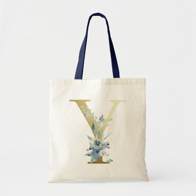 Golden Monogram Letter Y Blue Watercolor-Blume Tragetasche (Vorne)